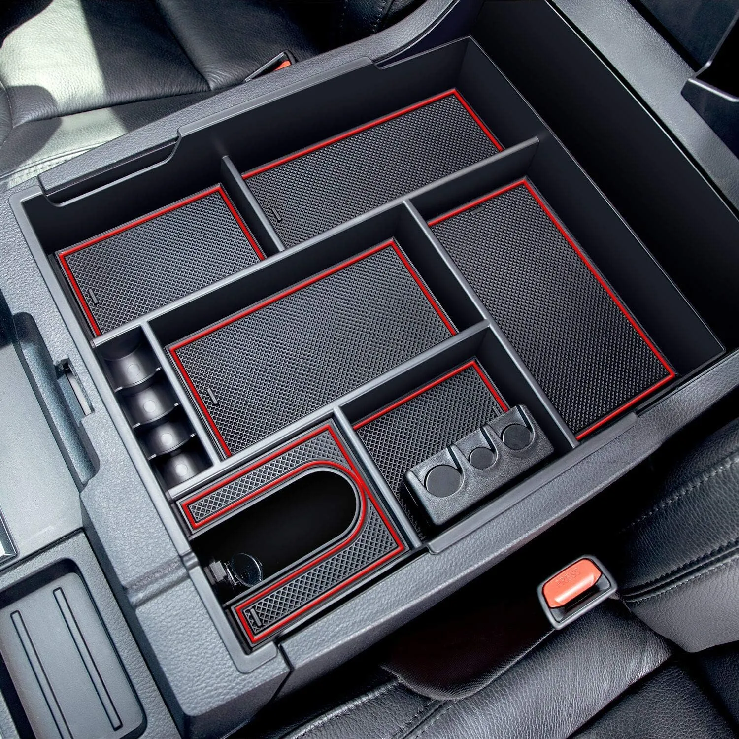JDMCAR Compatible with Toyota Tundra Accessories 2014-2021 Center Console Organizer, Insert ABS Black Materials Tray, Armrest Secondary Storage Box - Full Tray -Red Trim