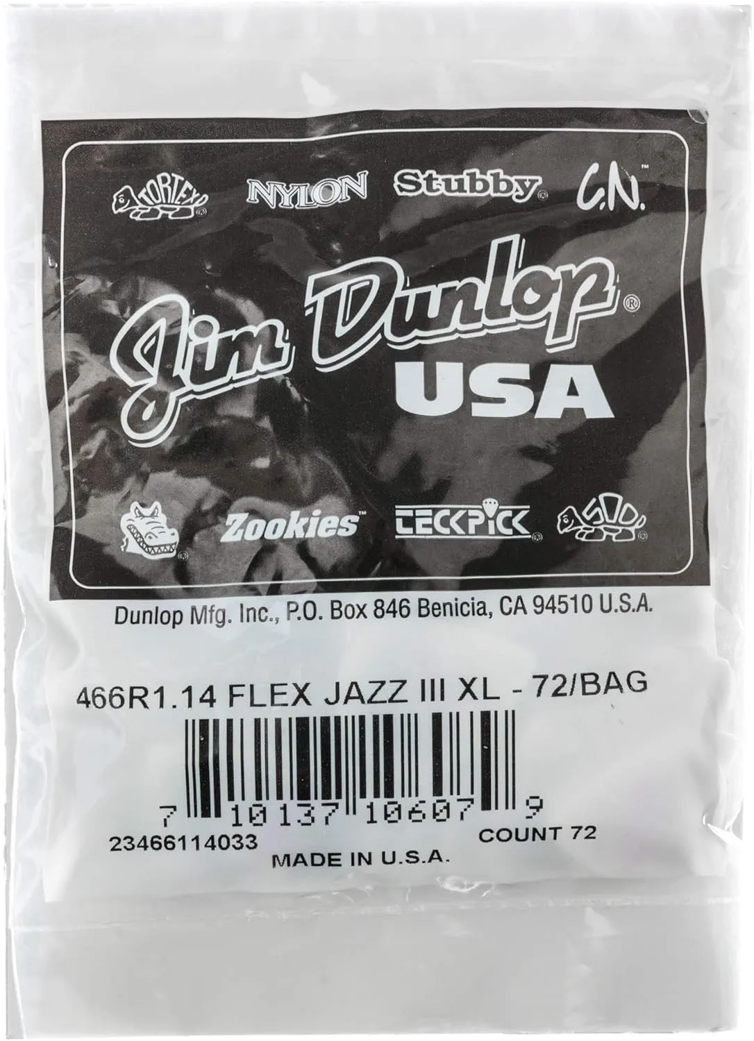 Jim Dunlop Tortex Flex Jazz III XL 1.14mm 72 Pack Guitar Picks (466R1.14)