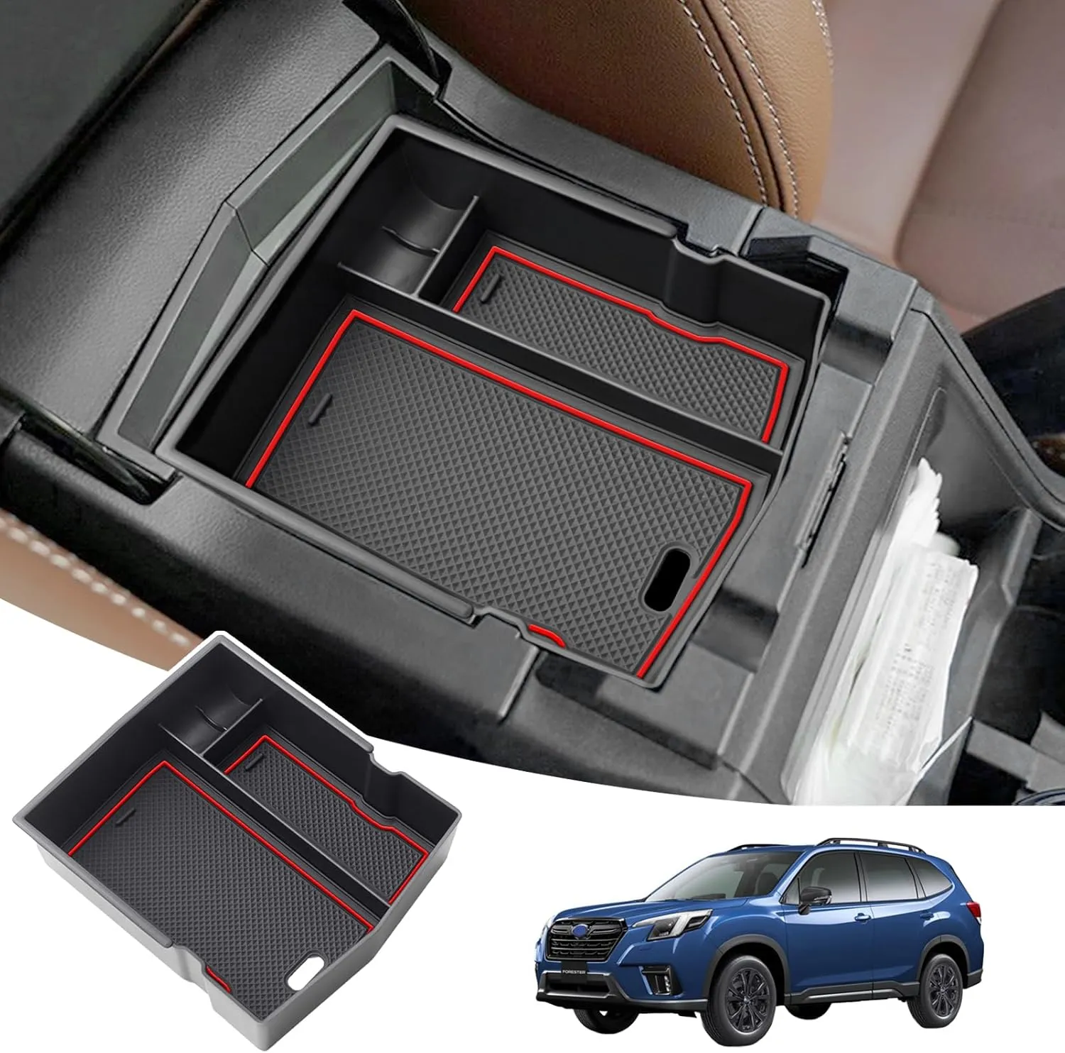 JKCOVER Upgraded Design Center Console Organizer Tray Compatible with Subaru Forester 2024 2023 2022 2021 2020 2019 Interior Armrest Insert Storage Box Easy Removal Accessories, Red Trim