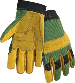 John Deere JD00009 Leather Gloves, Grain Cowhide Leather Palm, Spandex Back, Hook and Loop Wrist