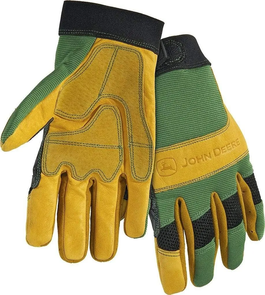 John Deere JD00009 Leather Gloves, Grain Cowhide Leather Palm, Spandex Back, Hook and Loop Wrist