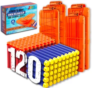 JoyX Darts Bullet Clips for Nerf Guns, 4 Pack 120 Foam Darts Quick Reload Clips Magazine Clips with 120 Refill Darts for Nerf n-Strike Elite Blaster for 4-12 Years Old