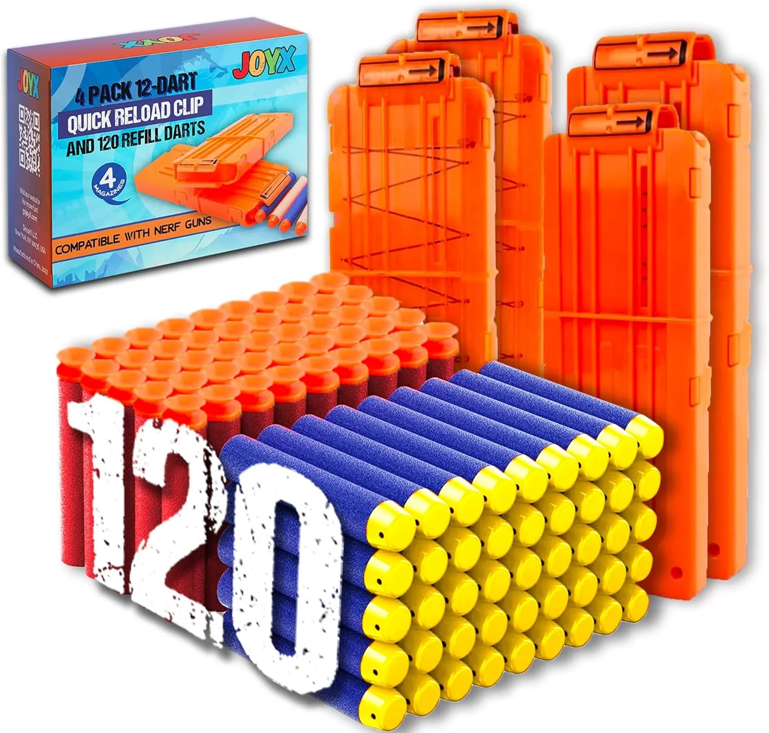 JoyX Darts Bullet Clips for Nerf Guns, 4 Pack 120 Foam Darts Quick Reload Clips Magazine Clips with 120 Refill Darts for Nerf n-Strike Elite Blaster for 4-12 Years Old