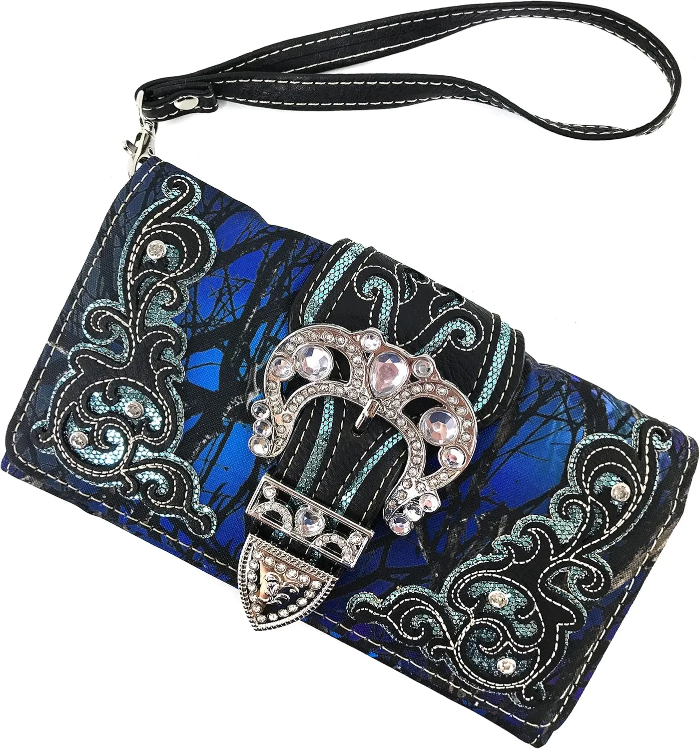 Justin West Camouflage Tree Branches Bling Rhinestone Cross Wings Buckle Crossbody Chain Messenger and Purse