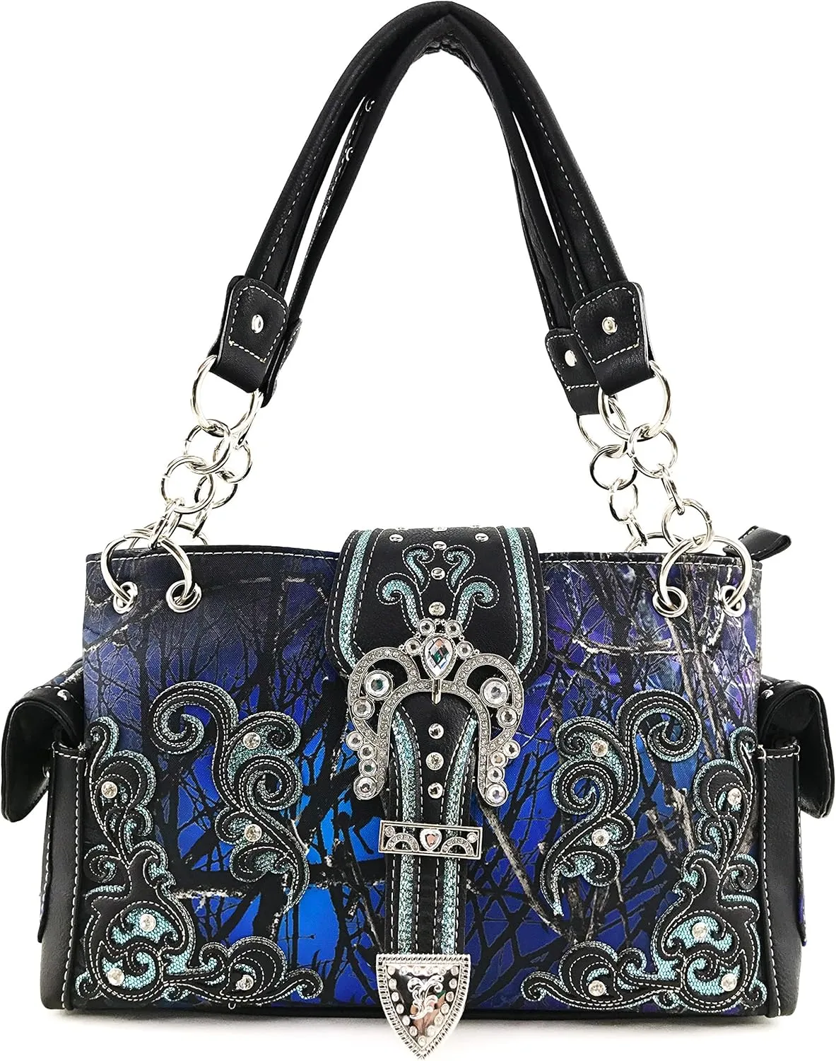 Justin West Camouflage Tree Branches Bling Rhinestone Cross Wings Buckle Crossbody Chain Messenger and Purse