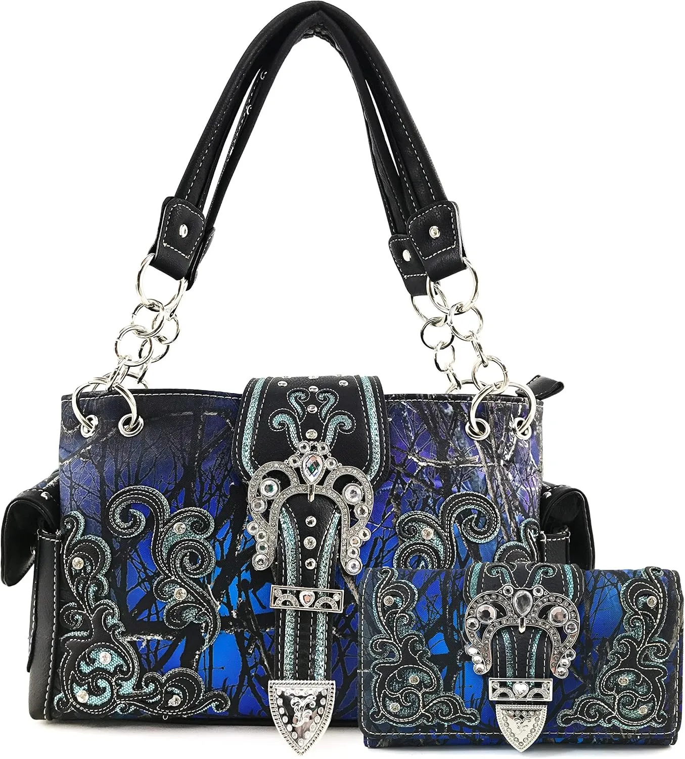 Justin West Camouflage Tree Branches Bling Rhinestone Cross Wings Buckle Crossbody Chain Messenger and Purse