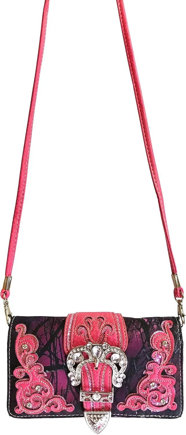 Justin West Camouflage Tree Branches Bling Rhinestone Cross Wings Buckle Crossbody Chain Messenger and Purse