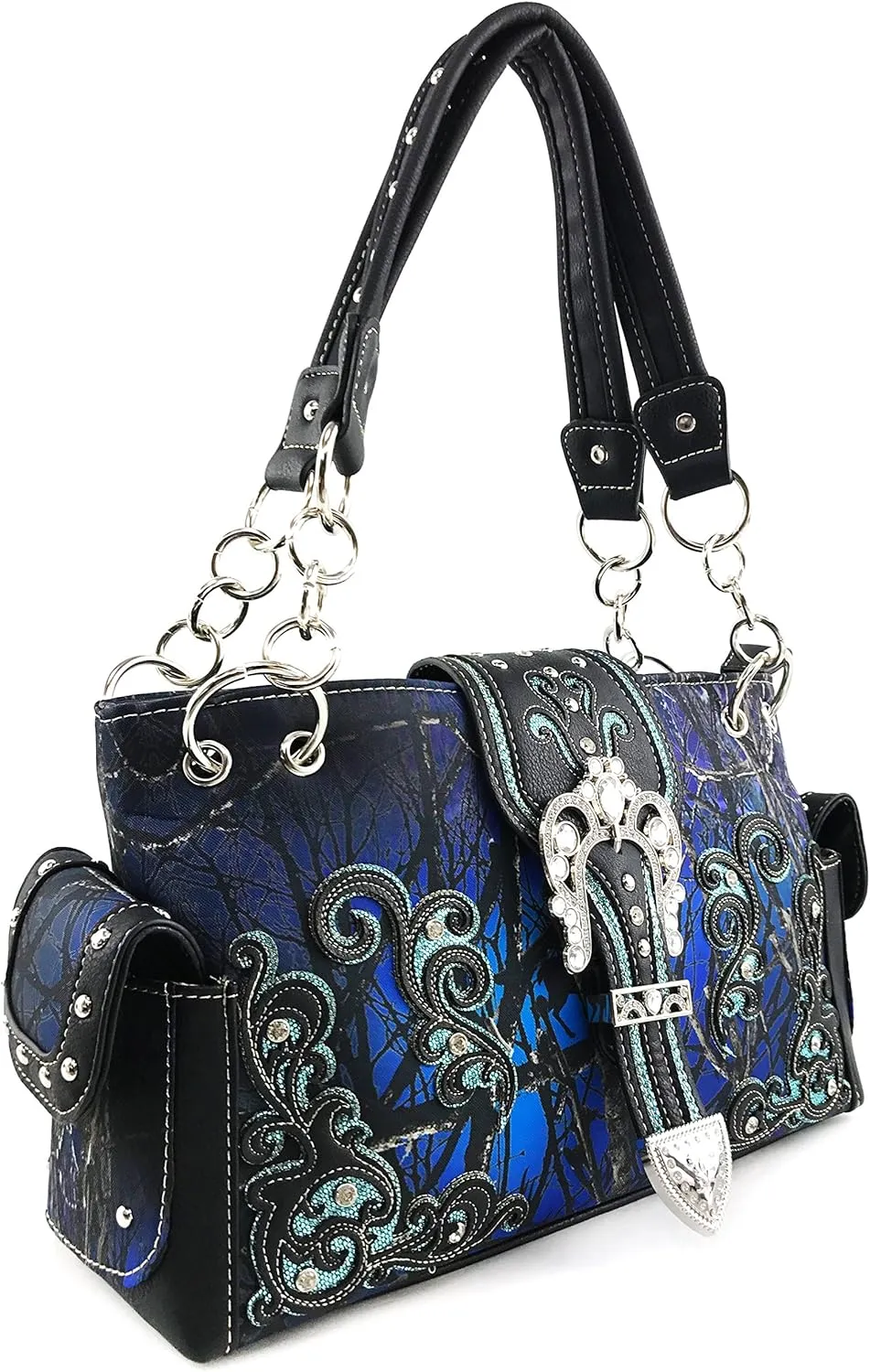 Justin West Camouflage Tree Branches Bling Rhinestone Cross Wings Buckle Crossbody Chain Messenger and Purse
