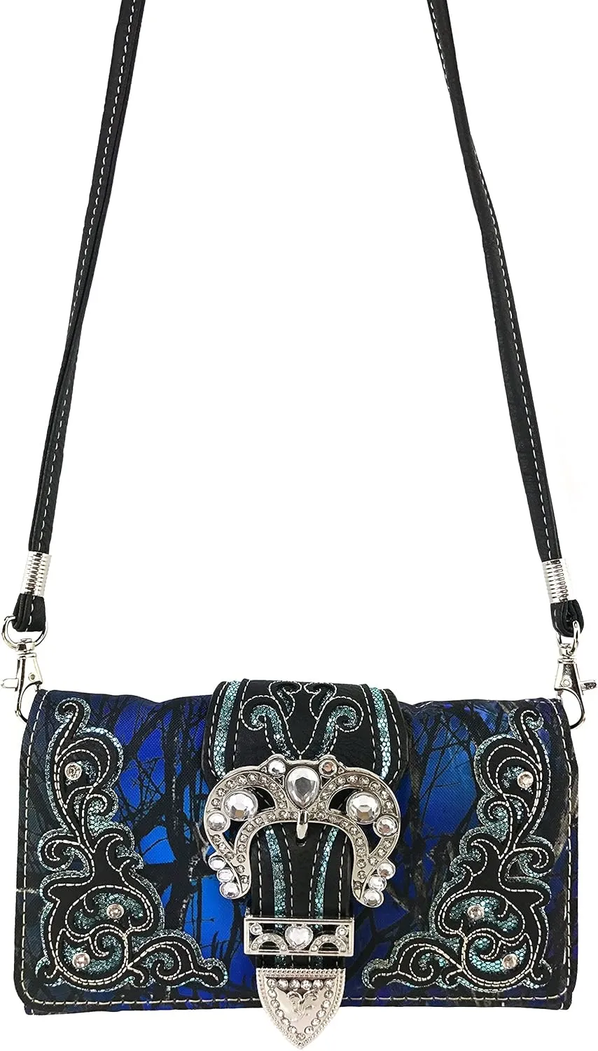 Justin West Camouflage Tree Branches Bling Rhinestone Cross Wings Buckle Crossbody Chain Messenger and Purse