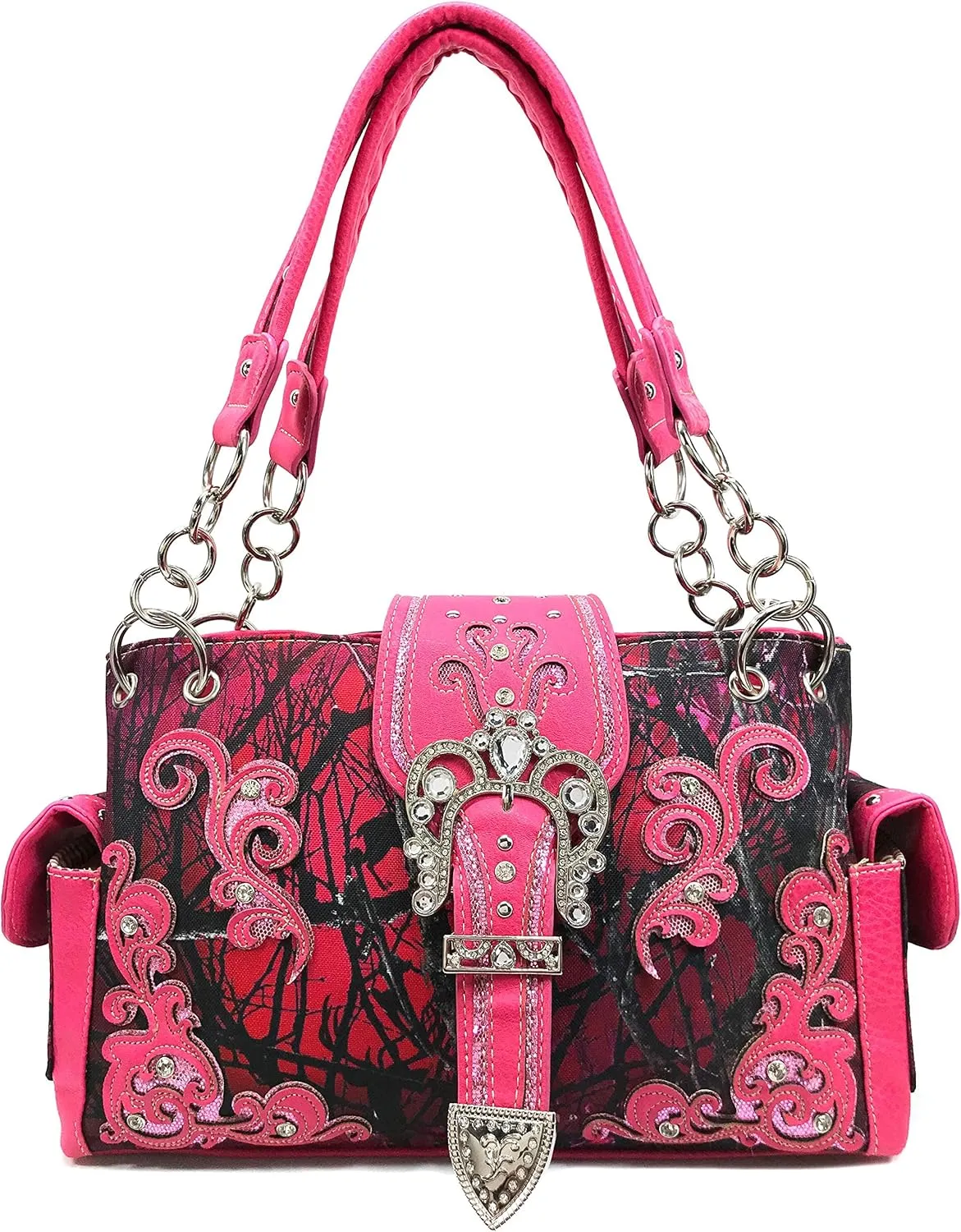 Justin West Camouflage Tree Branches Bling Rhinestone Cross Wings Buckle Crossbody Chain Messenger and Purse