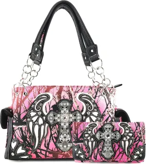 Justin West Camouflage Tree Branches Bling Rhinestone Cross Wings Handbag Purse Messenger Bags and Wallets