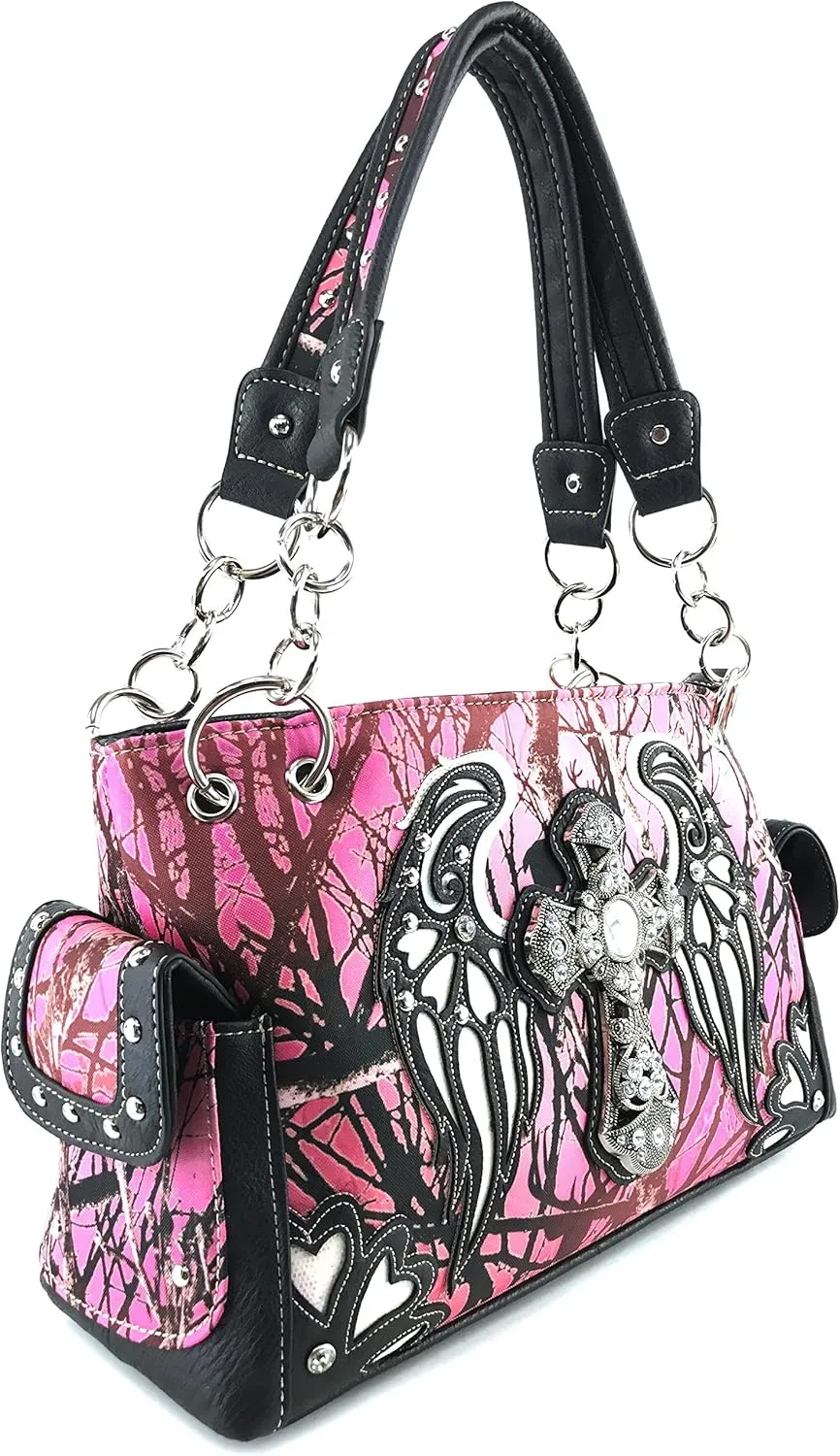 Justin West Camouflage Tree Branches Bling Rhinestone Cross Wings Handbag Purse Messenger Bags and Wallets