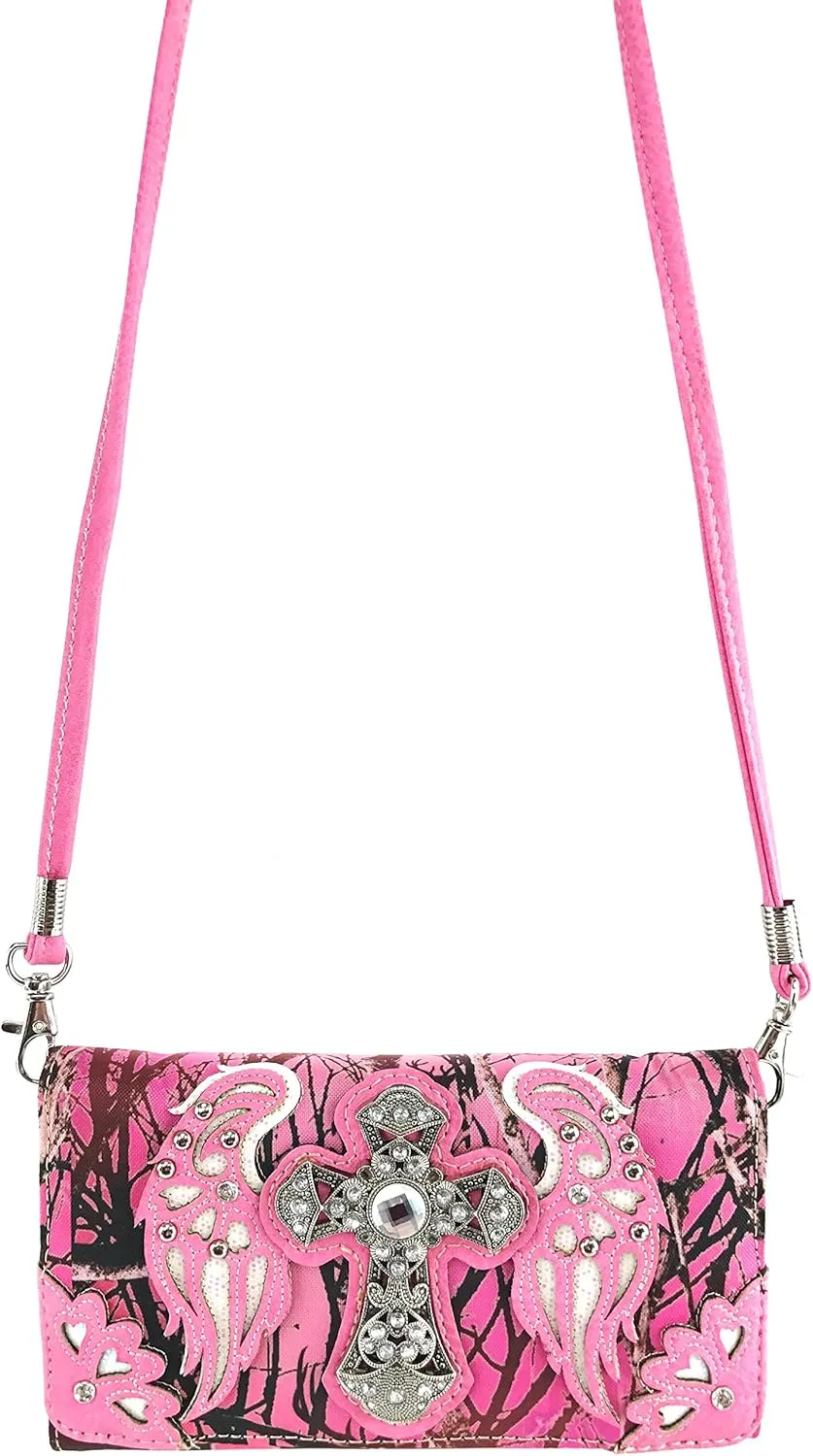 Justin West Camouflage Tree Branches Bling Rhinestone Cross Wings Handbag Purse Messenger Bags and Wallets