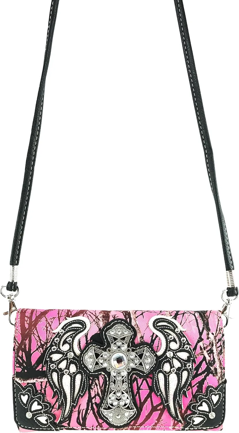 Justin West Camouflage Tree Branches Bling Rhinestone Cross Wings Handbag Purse Messenger Bags and Wallets