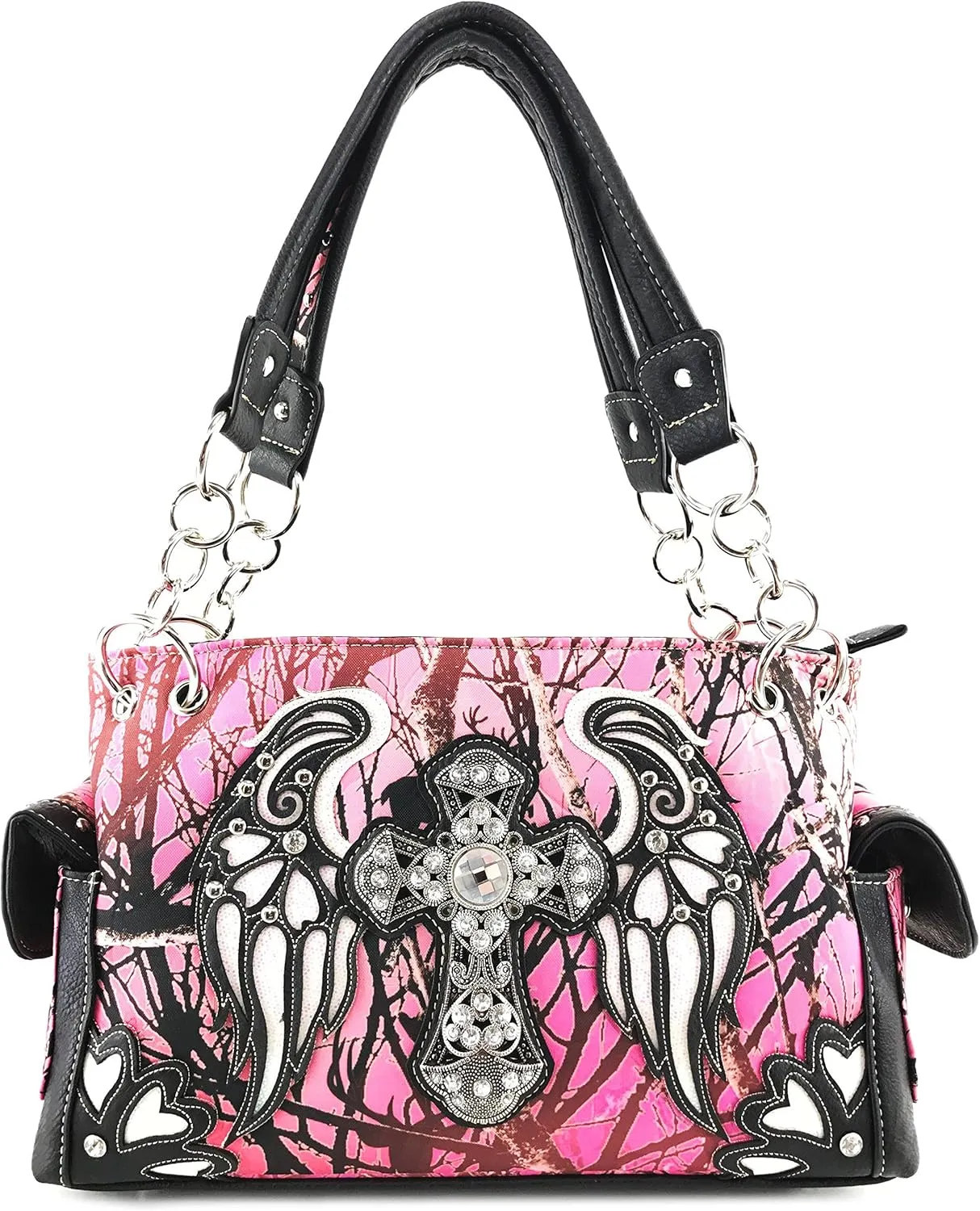 Justin West Camouflage Tree Branches Bling Rhinestone Cross Wings Handbag Purse Messenger Bags and Wallets