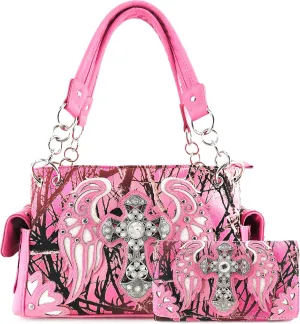 Justin West Camouflage Tree Branches Bling Rhinestone Cross Wings Handbag Purse Messenger Bags and Wallets