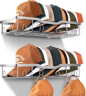 KEETDY Metal Hat Racks for Baseball Caps Wall Hat Organizer Fit 20 Caps Holder, 2 Packs Sturdy Wall Mounted Snapback Storage Organizer, Silver