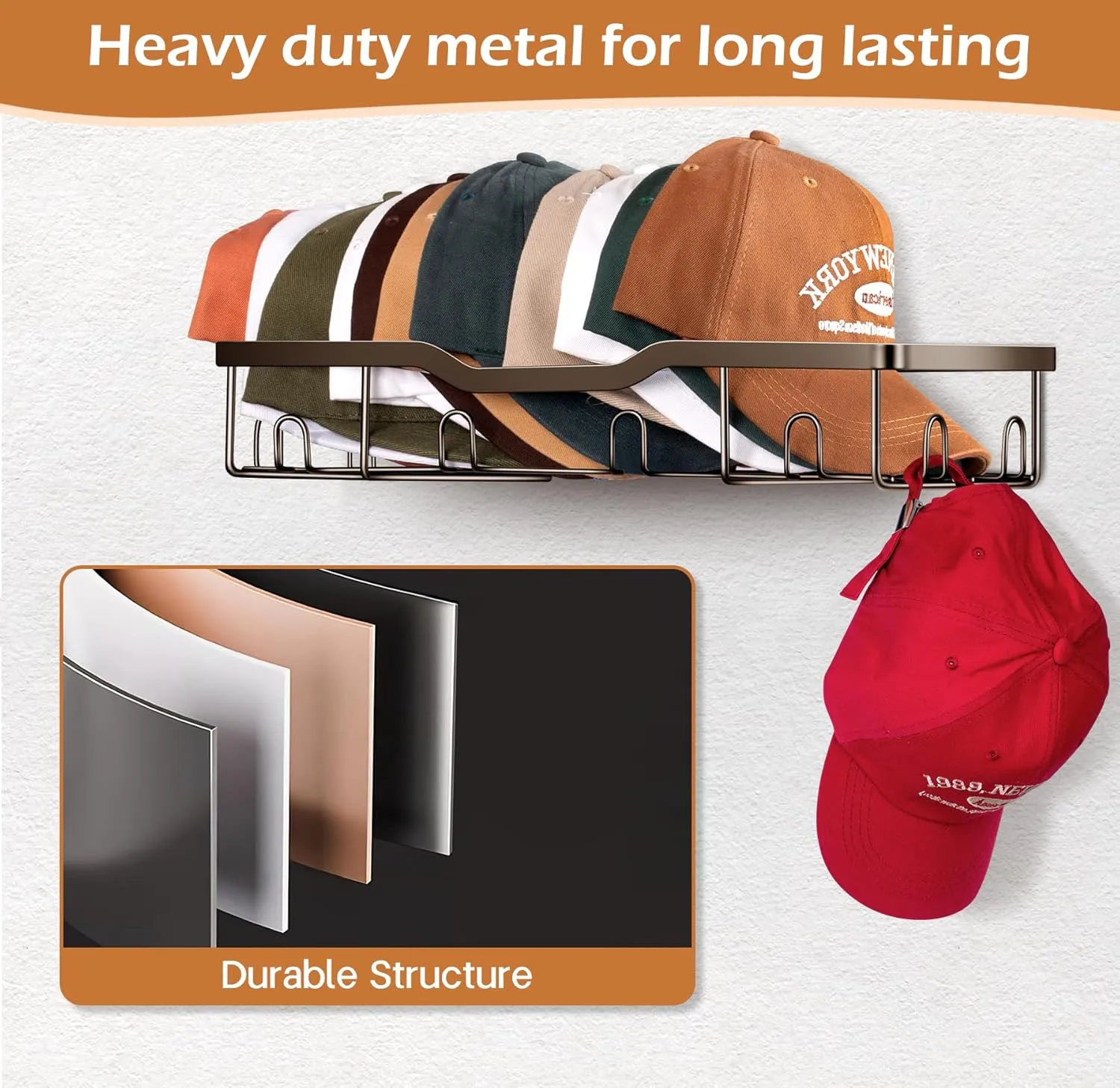 KEETDY Metal Hat Racks for Wall Baseball Cap Organizer Fit 20 Caps Holder, 2 Packs Sturdy Wall Mounted Hat Storage Organizer, Brown