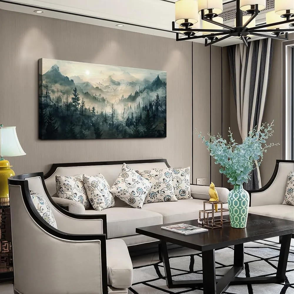 KELIYUAN Misty Forest Wall Art Home Decor Mountain View Large Canvas Wall Painting Nature Landscape Painting For Living Room Bedroom Office Modern Printed Artwork Can Be Hung Directly 24x48 Inches