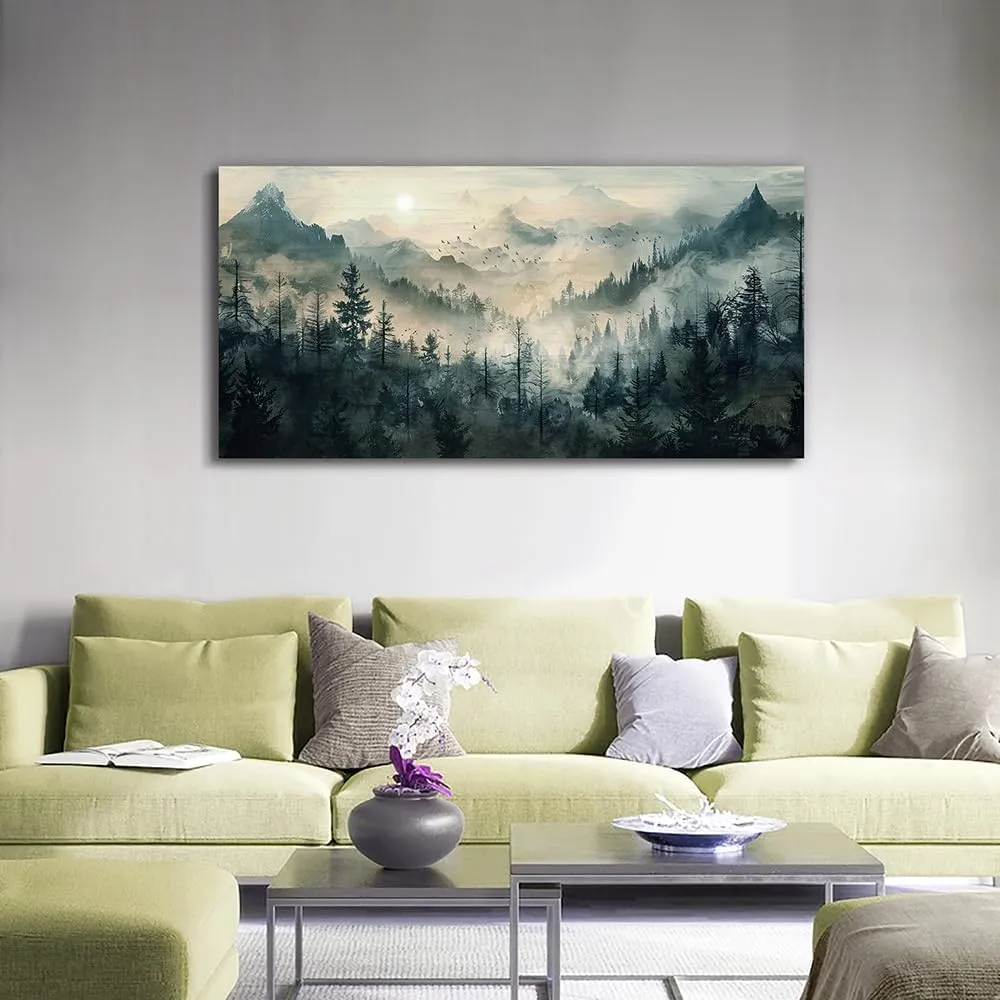KELIYUAN Misty Forest Wall Art Home Decor Mountain View Large Canvas Wall Painting Nature Landscape Painting For Living Room Bedroom Office Modern Printed Artwork Can Be Hung Directly 24x48 Inches