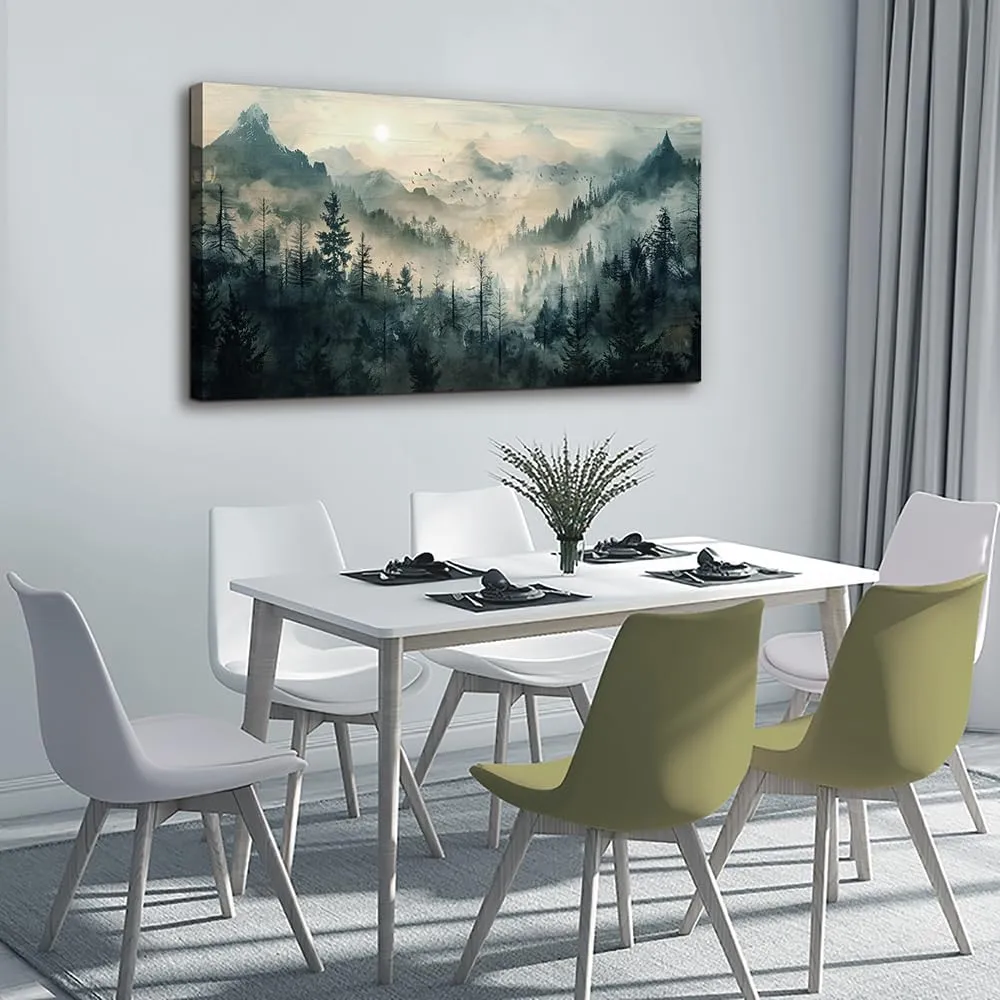 KELIYUAN Misty Forest Wall Art Home Decor Mountain View Large Canvas Wall Painting Nature Landscape Painting For Living Room Bedroom Office Modern Printed Artwork Can Be Hung Directly 24x48 Inches