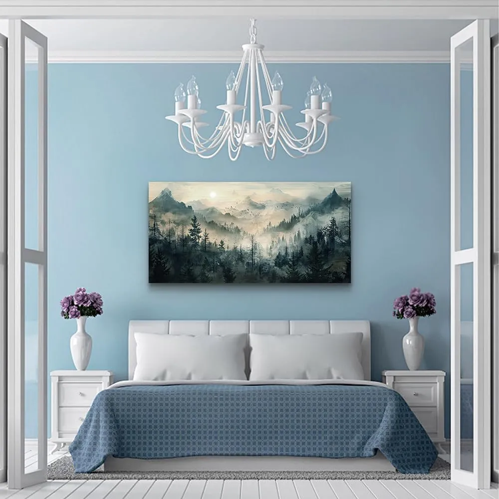 KELIYUAN Misty Forest Wall Art Home Decor Mountain View Large Canvas Wall Painting Nature Landscape Painting For Living Room Bedroom Office Modern Printed Artwork Can Be Hung Directly 24x48 Inches