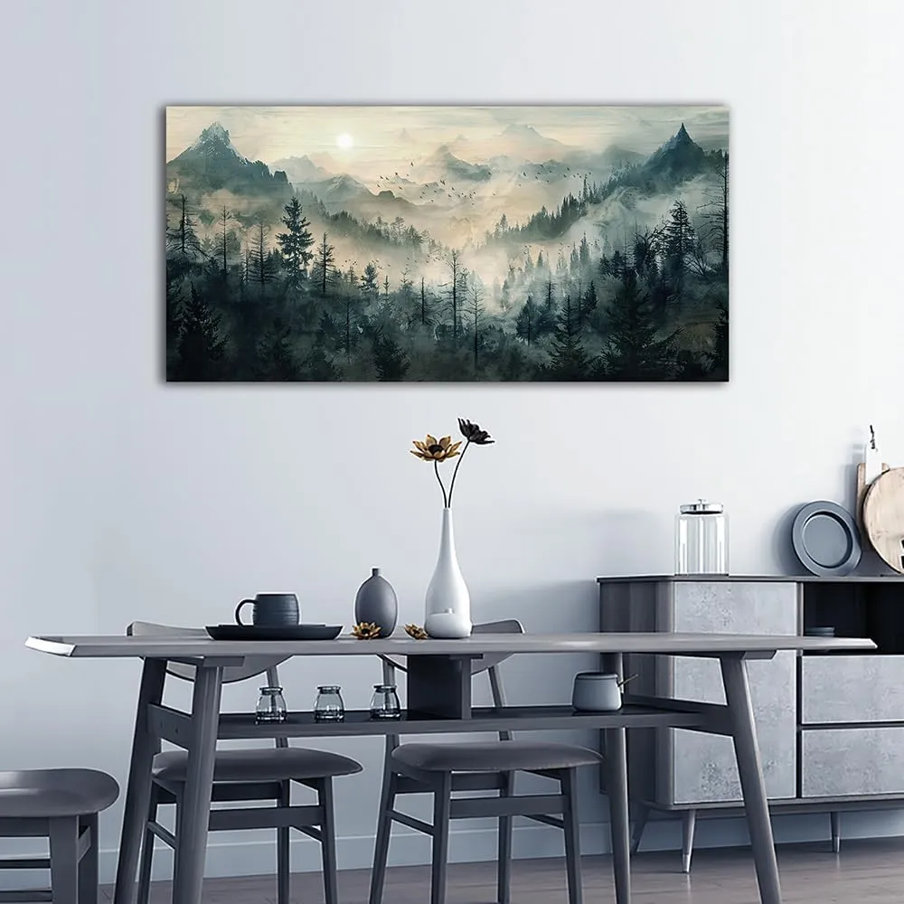 KELIYUAN Misty Forest Wall Art Home Decor Mountain View Large Canvas Wall Painting Nature Landscape Painting For Living Room Bedroom Office Modern Printed Artwork Can Be Hung Directly 24x48 Inches