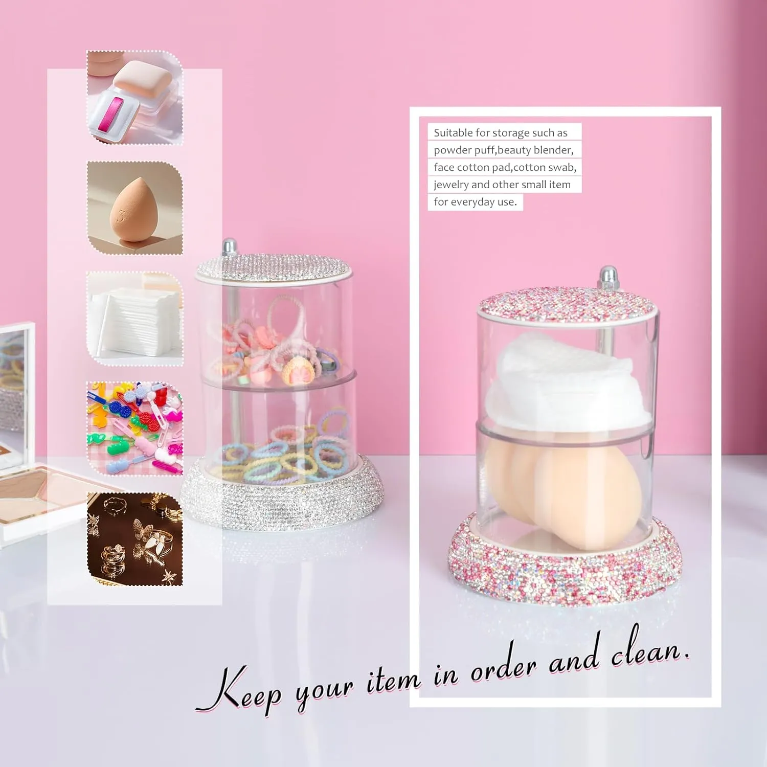 KEYPOWER Bling Rhinestone Plastic Powder Puff Container Multi-layer Rotating Puff Box Shining Small Item Holder Case for Women (White)