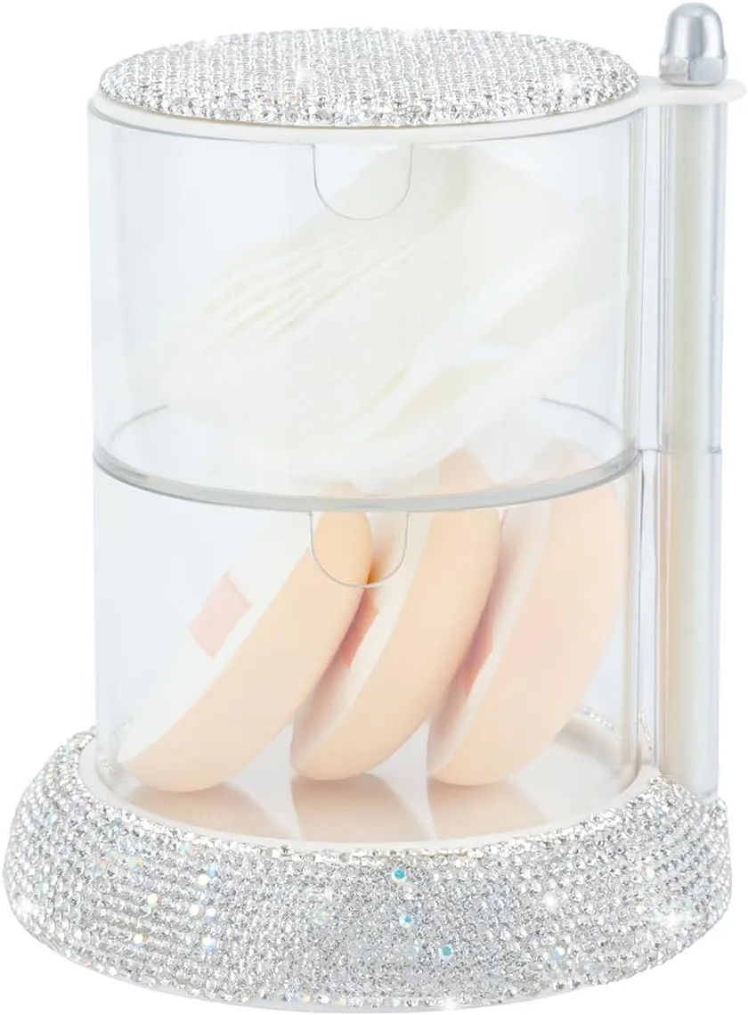 KEYPOWER Bling Rhinestone Plastic Powder Puff Container Multi-layer Rotating Puff Box Shining Small Item Holder Case for Women (White)