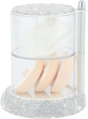 KEYPOWER Bling Rhinestone Plastic Powder Puff Container Multi-layer Rotating Puff Box Shining Small Item Holder Case for Women (White)