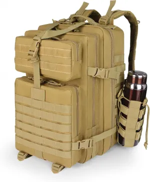 Khaki 45L Large Military Tactical Backpack for Men，Travel Hiking Backpack with Bottle Holder, Laptop Backpack for Work, Men's Assault Bag Back Pack