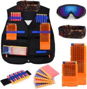 Kids Tactical Vest Kit for Nerf Guns, N-strike Elite Series with 50 Bullets Refill Darts   2 Reload Bullet Clips   Face Tube Mask   Protective Glasses   hand wrist band