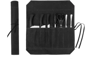 Knife Roll, Chef's Knife Roll Bag, Heavy Duty Waxed Canvas Knife Bag With 7 Slots (Black)