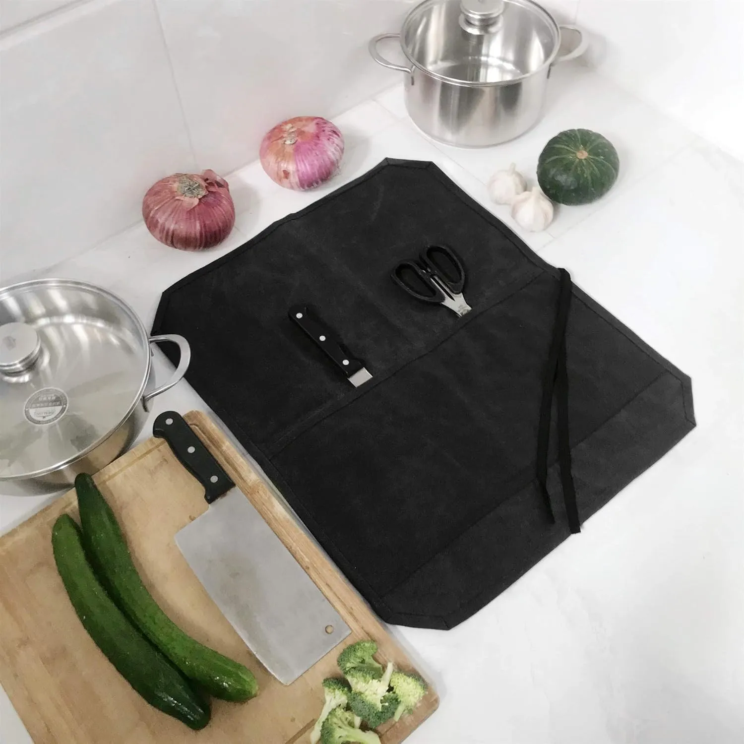 Knife Roll, Chef's Knife Roll Bag, Heavy Duty Waxed Canvas Knife Bag With 7 Slots (Black)