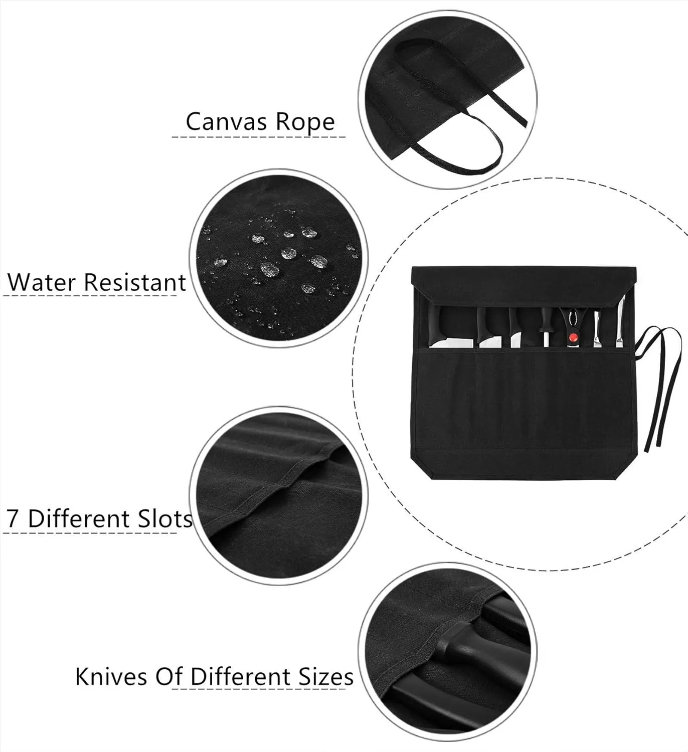 Knife Roll, Chef's Knife Roll Bag, Heavy Duty Waxed Canvas Knife Bag With 7 Slots (Black)