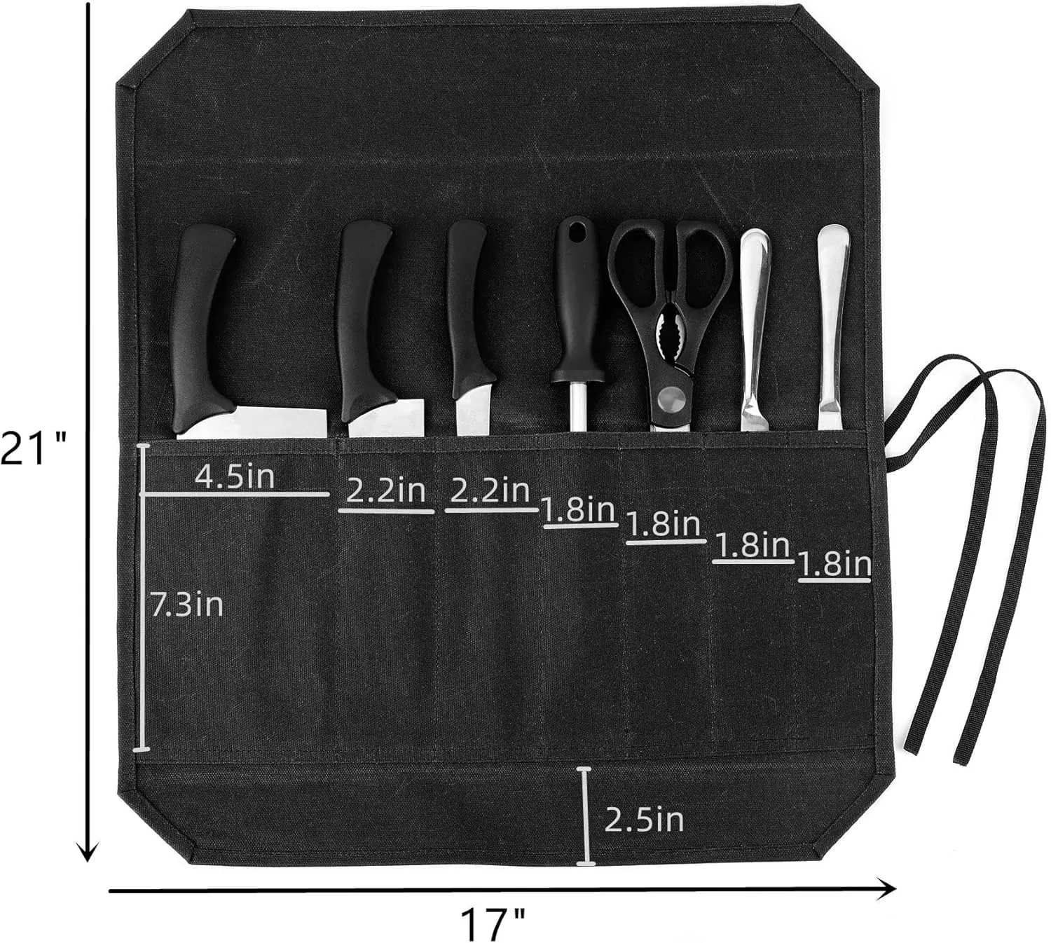 Knife Roll, Chef's Knife Roll Bag, Heavy Duty Waxed Canvas Knife Bag With 7 Slots (Black)