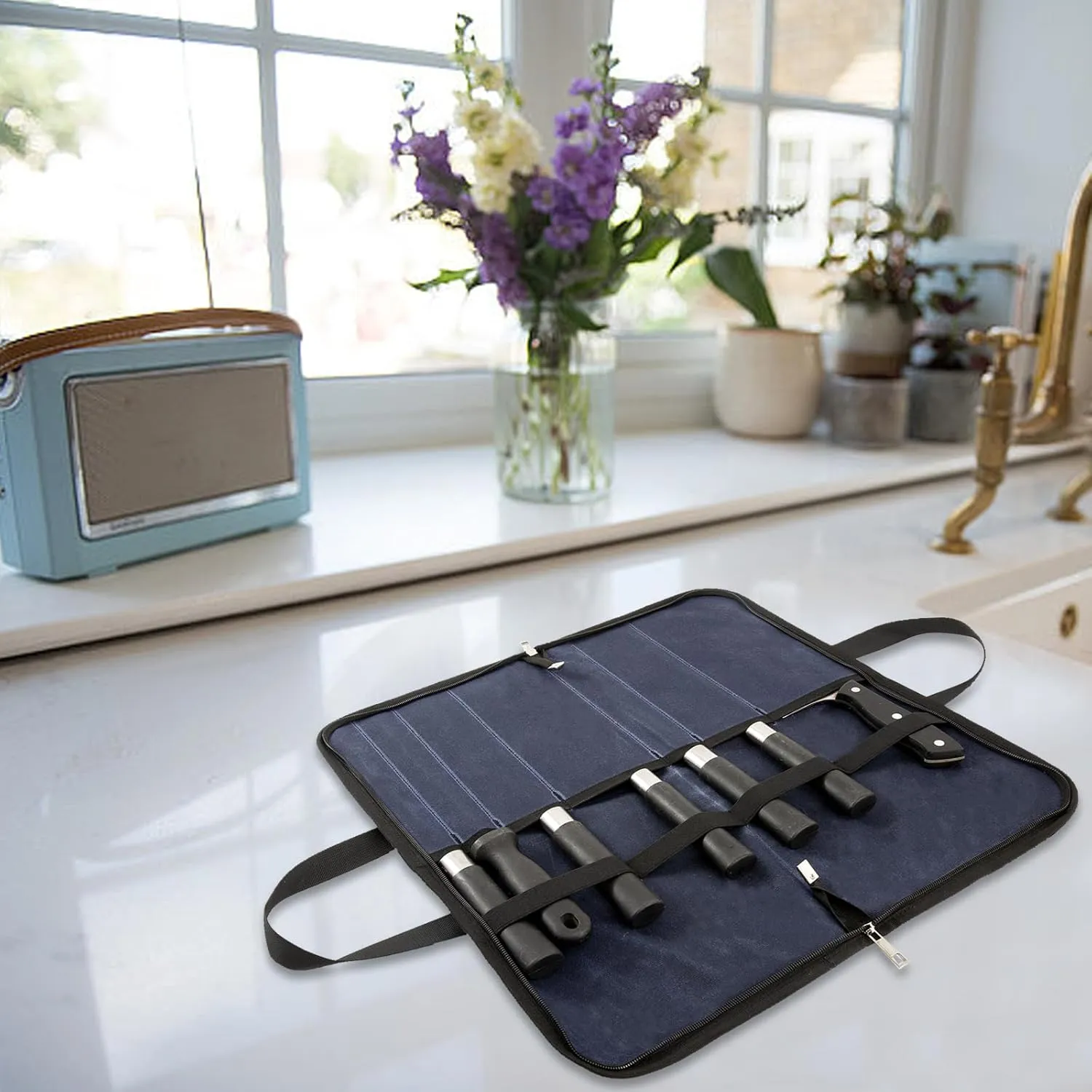 Knife Roll,Knife Bag with 7 Slots,Heavy Duty Waxed Canvas knife Case,Portable Chef Knife Roll Bag For Kitchen Cooking.Cutlery Knives Holders Protectors,Chef Knife Carrying Case For Travel & Camping
