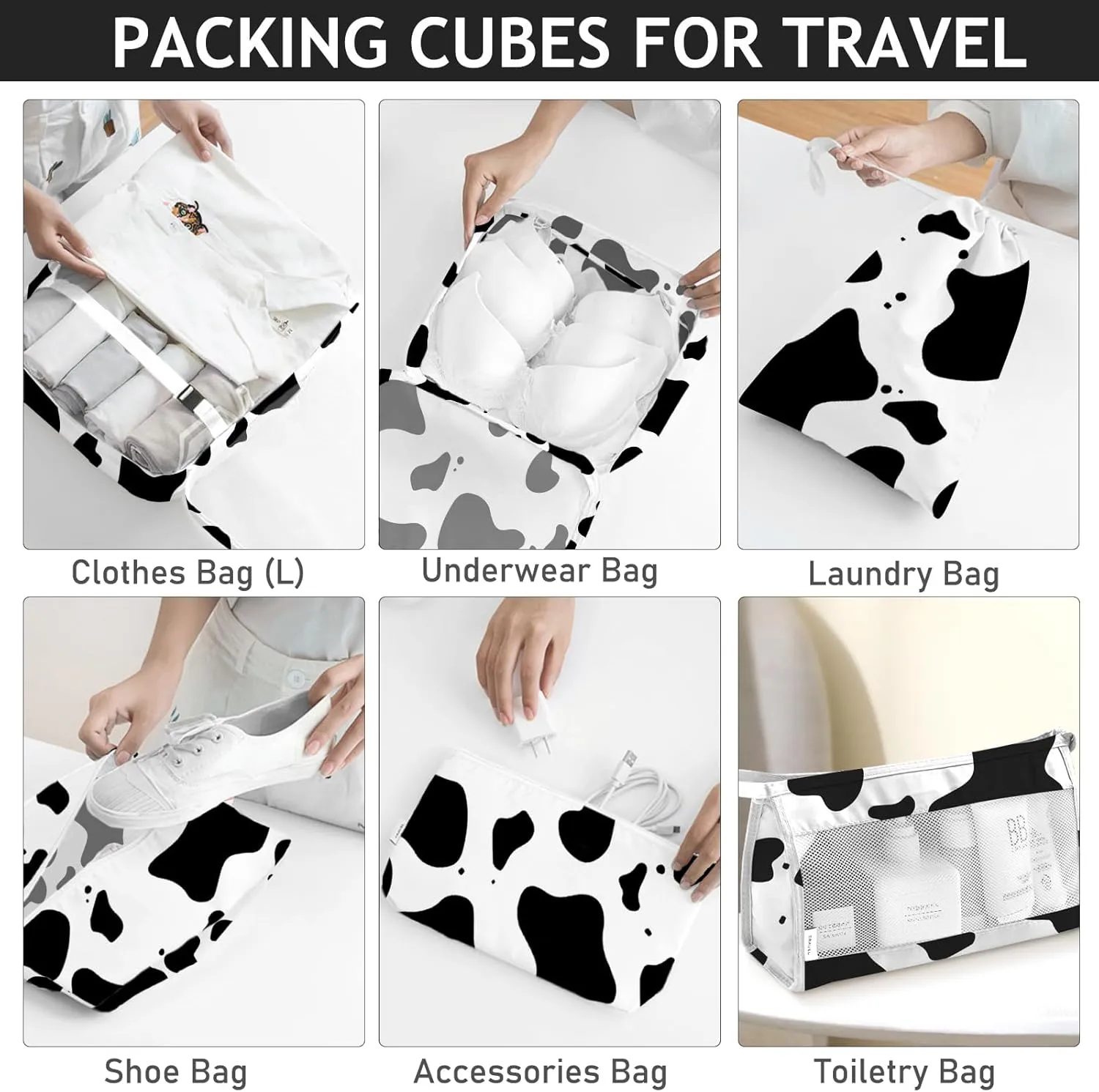 KPX 8 Set Packing Cubes for Travel, Luggage Packing Organizers Accessories Large Toiletries Bag for Clothes Shoes Cosmetics (Cow)