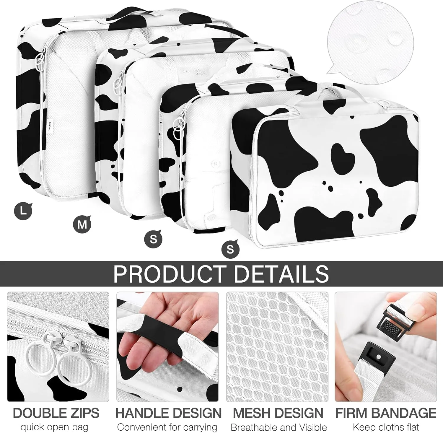 KPX 8 Set Packing Cubes for Travel, Luggage Packing Organizers Accessories Large Toiletries Bag for Clothes Shoes Cosmetics (Cow)