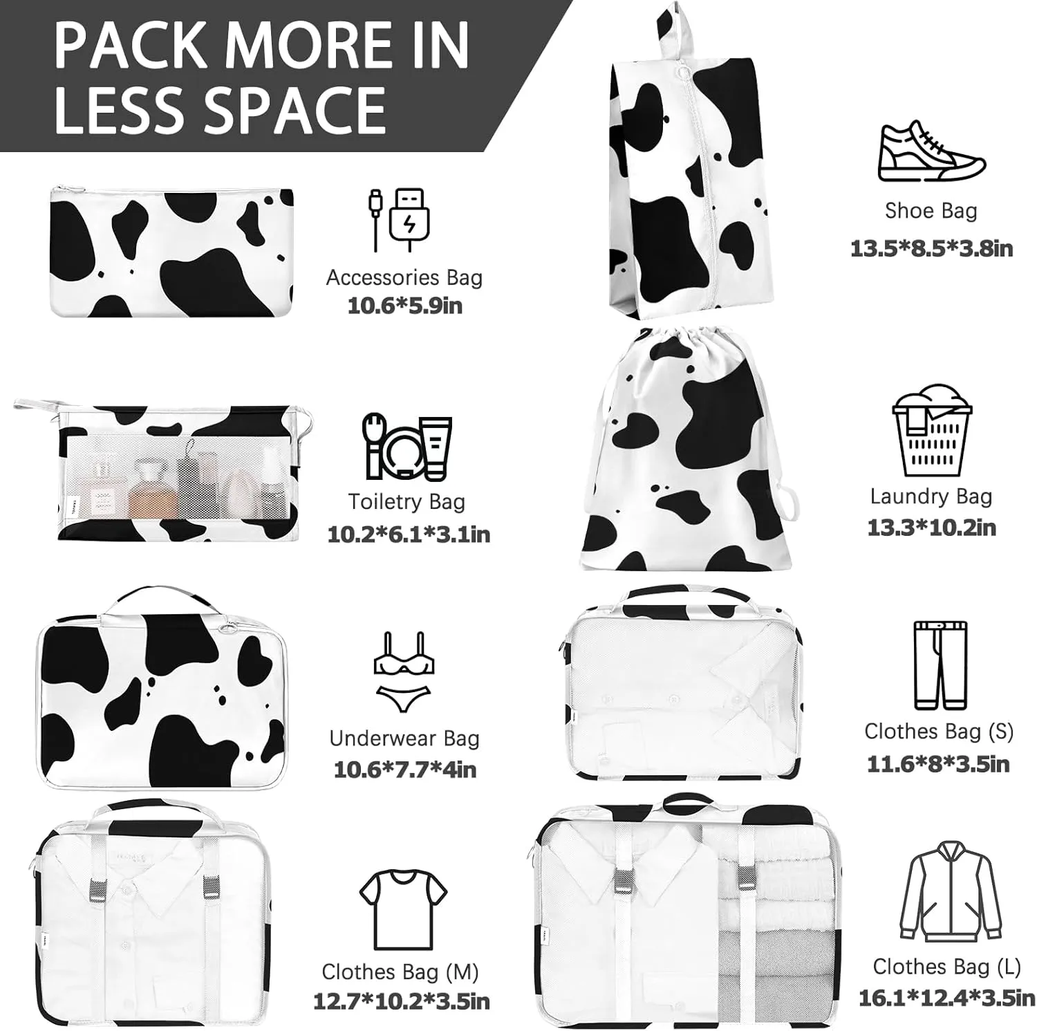 KPX 8 Set Packing Cubes for Travel, Luggage Packing Organizers Accessories Large Toiletries Bag for Clothes Shoes Cosmetics (Cow)