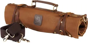 KYOKU Chef Knife Roll Bag, Kitchen Knife and Utensil Holder with 10 Slots 3 Cutlery Holders for Chef Knife Set, Oiled Leather and Waxed Canvas Knife Roll Up Travel Bag with Adjustable Strap, Brown