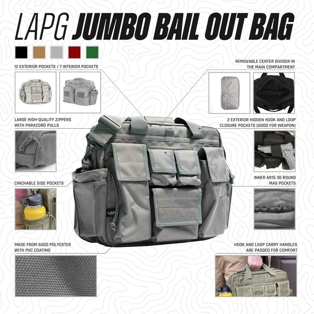 LA Police Gear Jumbo Bail Out Bag, Diaper Bag, Bug Out Bag, Range Bag, Handgun & Ammo Bag - Black