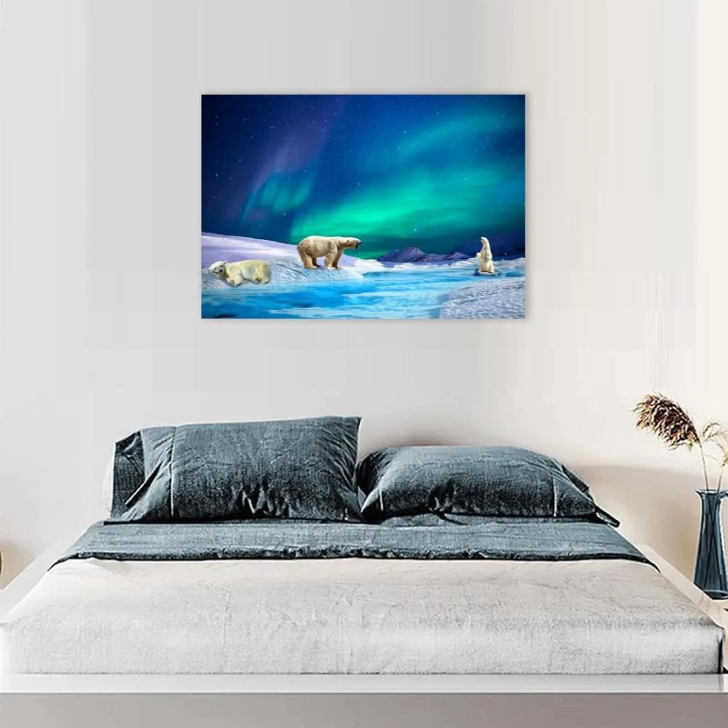 Landscape Artwork Picture Printed on Canvas-Nature Scenery Canvas Wall Art-aurora polar bear Wall Art Giclee Canvas Prints Modern Home Decor Framed Ready to Hang70x105cm 28"x41"inner frame