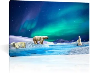 Landscape Artwork Picture Printed on Canvas-Nature Scenery Canvas Wall Art-aurora polar bear Wall Art Giclee Canvas Prints Modern Home Decor Framed Ready to Hang70x105cm 28"x41"inner frame