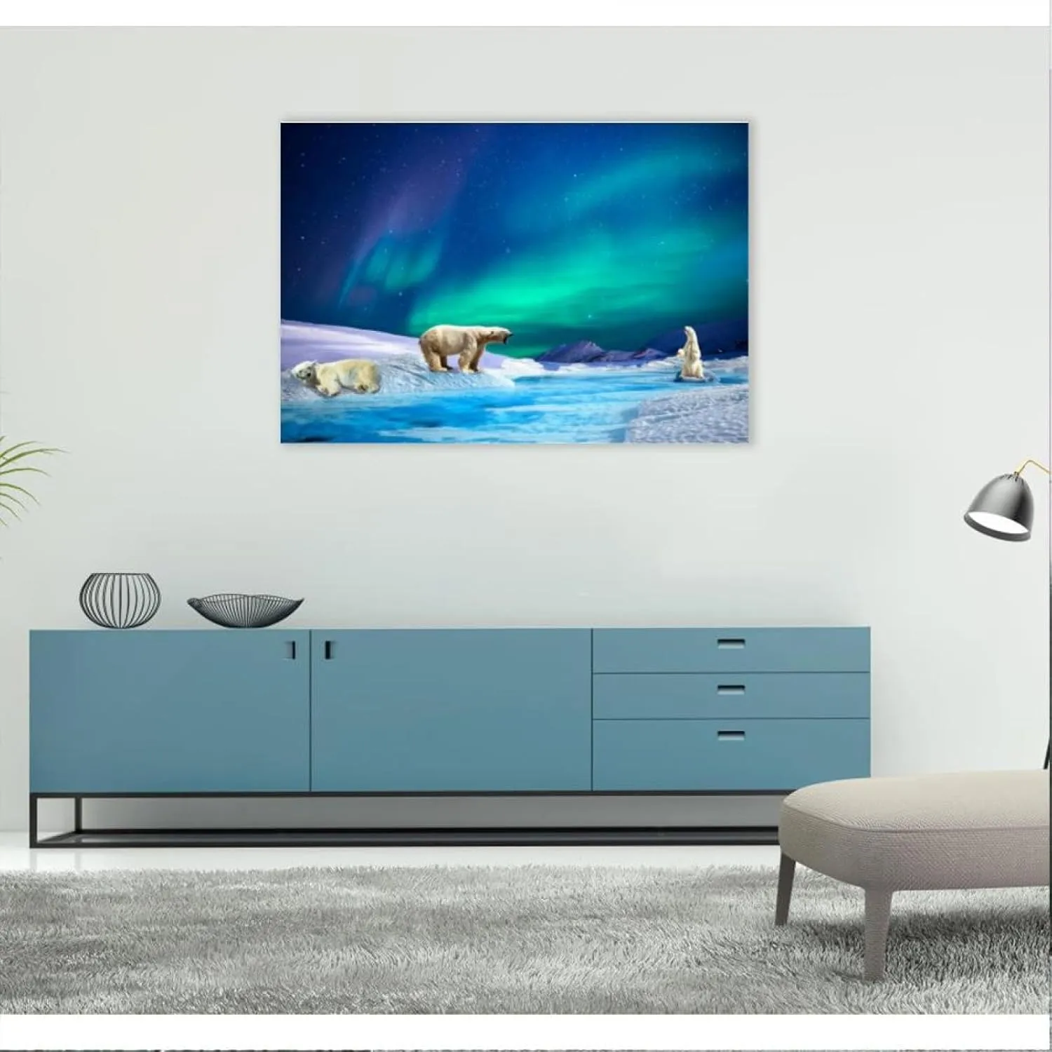 Landscape Artwork Picture Printed on Canvas-Nature Scenery Canvas Wall Art-aurora polar bear Wall Art Giclee Canvas Prints Modern Home Decor Framed Ready to Hang70x105cm 28"x41"inner frame