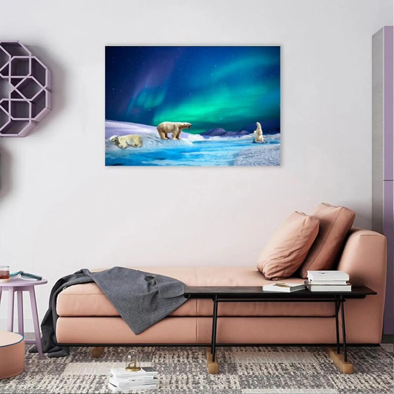 Landscape Artwork Picture Printed on Canvas-Nature Scenery Canvas Wall Art-aurora polar bear Wall Art Giclee Canvas Prints Modern Home Decor Framed Ready to Hang70x105cm 28"x41"inner frame