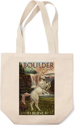 Lantern Press Boulder, Colorado, Unicorn Scene (100% Cotton Canvas Reusable Tote Bag)