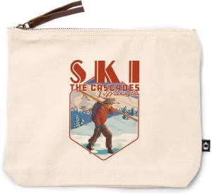 Lantern Press Cascades, Washington, Skier Carrying Skiis, 100% Cotton Zipper Pouch, Travel Accessory, Go Bag