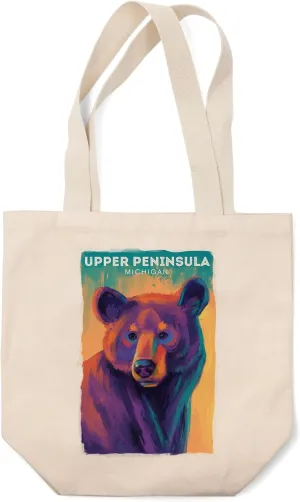 Lantern Press Upper Peninsula, Michigan, Vivid, Black Bear (100% Cotton Canvas Reusable Tote Bag)