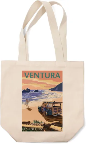 Lantern Press Ventura, California, Woody On The Beach (100% Cotton Canvas Reusable Tote Bag)